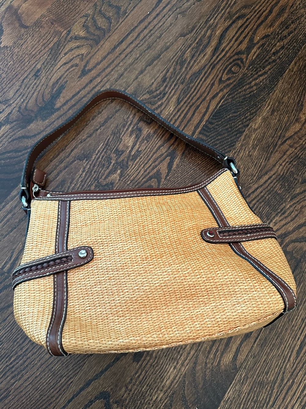 Fossil Tan Woven Straw Tote with Brown Leather Trim